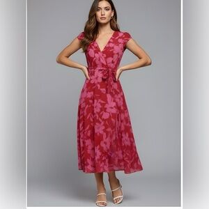Red Floral Print Wrap Hem Belted Dress